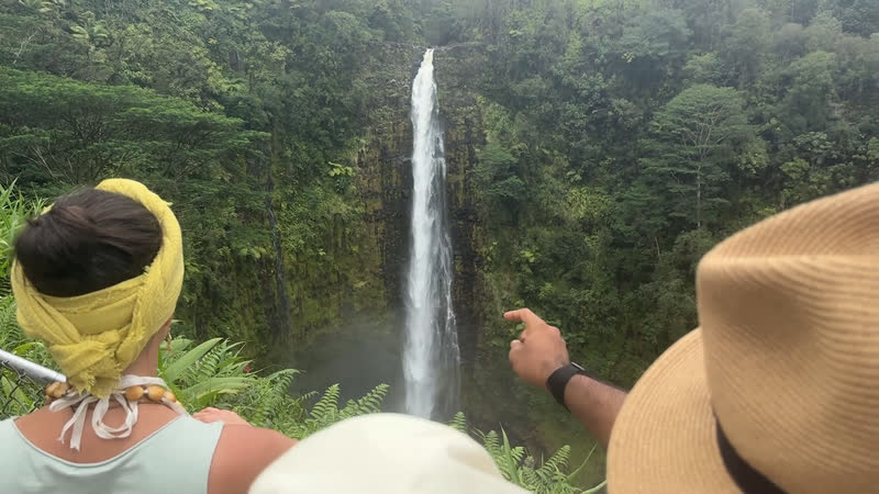 Retreat students at the railing looking out at Akaka Falls