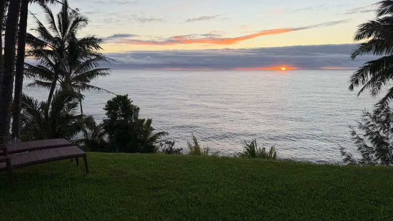 Sunrise over the Pacific framed by palm trees